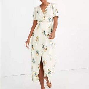 Madewell Dress Womens 8 Cream Floral Ruffle Sleeve Maxi Classic Corsage Wrap